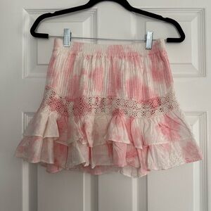 LOVESHACKFANCY. Pink and Cream Ruffled Skirt. Size XS